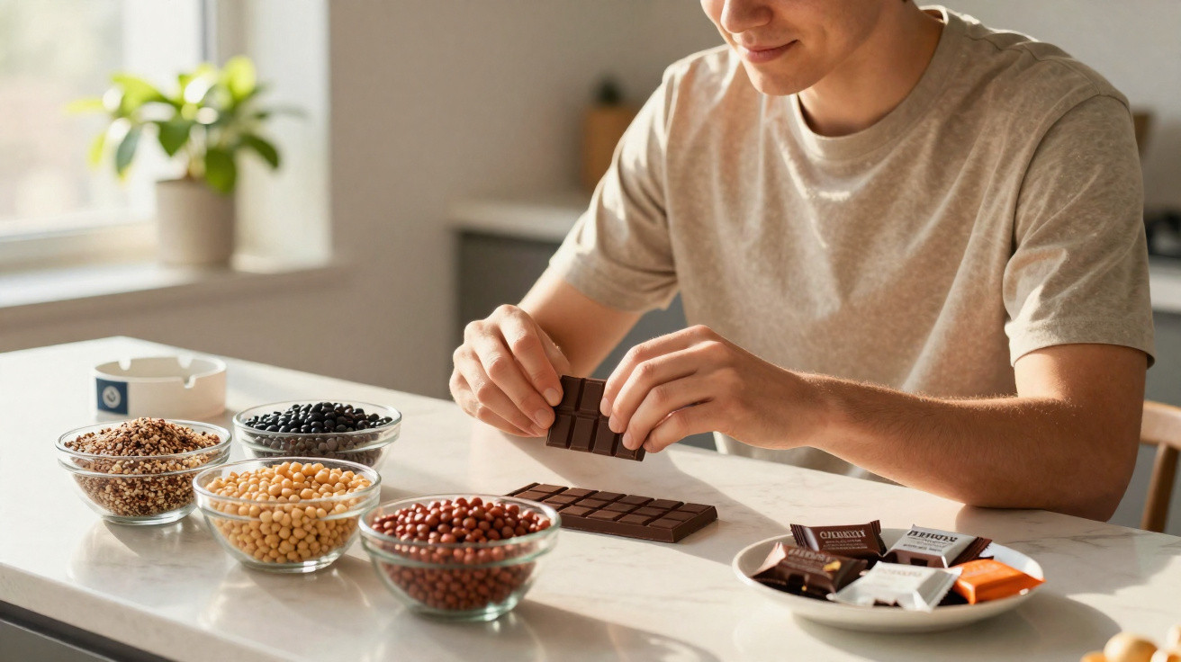 Pessoa a partir uma tablete de chocolate numa mesa com várias tigelas de grãos e chocolates pequenos.