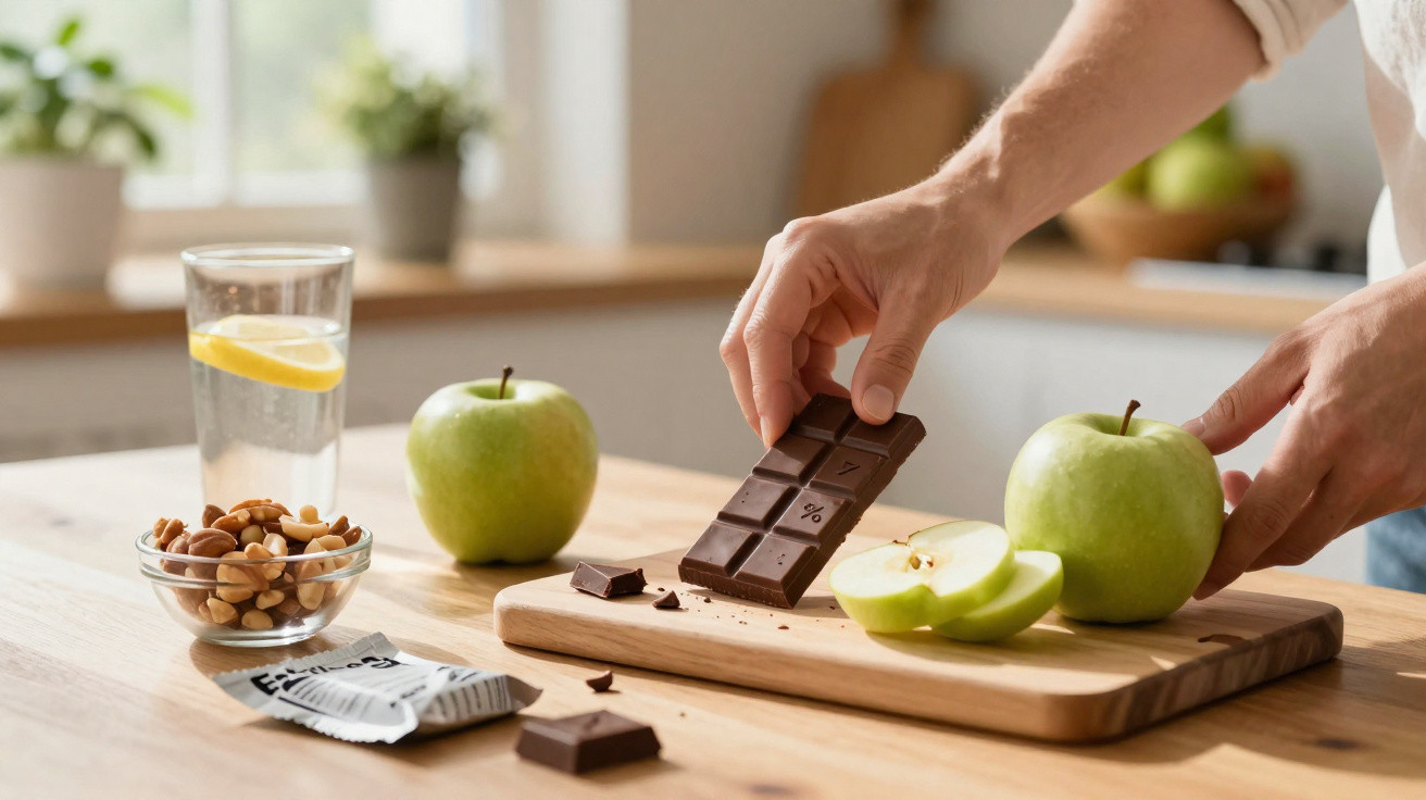 Pessoa a segurar barra de chocolate perto de maçãs verdes, frutos secos e copo de água com limão numa cozinha.