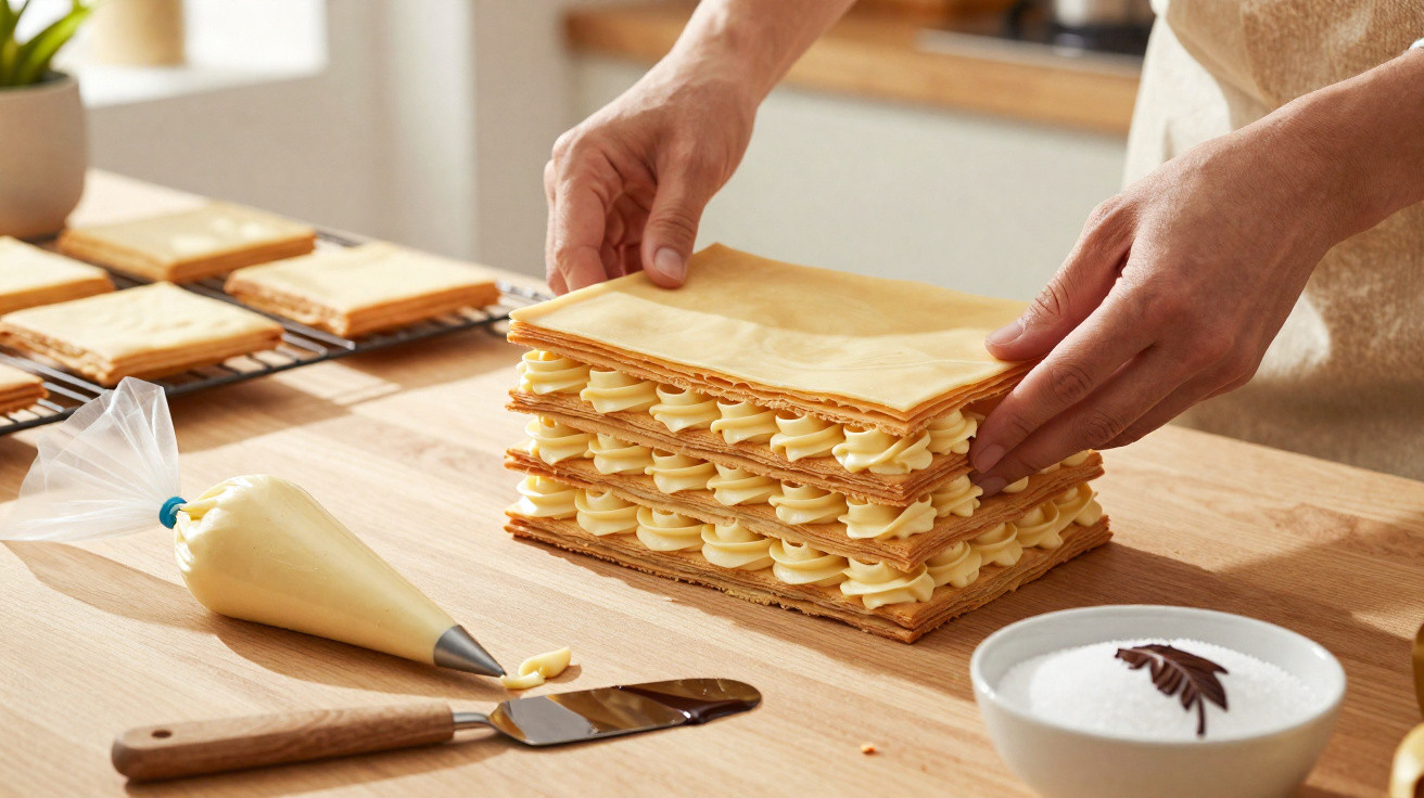 Pessoa a montar camadas de massa folhada com creme num bolo mille-feuille numa bancada de madeira.