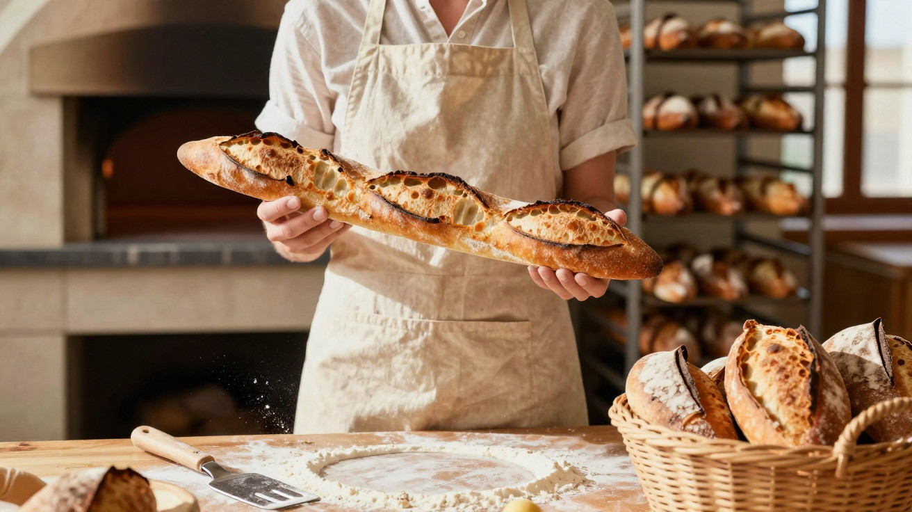 Pessoa com avental segura baguete recém-assada numa padaria com forno e cestos de pão ao fundo.