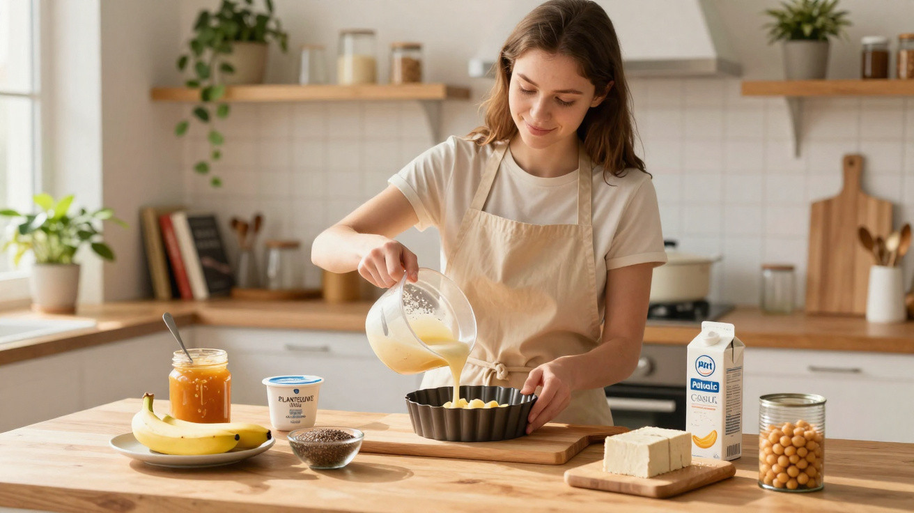 Mulher jovem a verter mistura numa forma numa cozinha rústica com ingredientes para receita saudável.