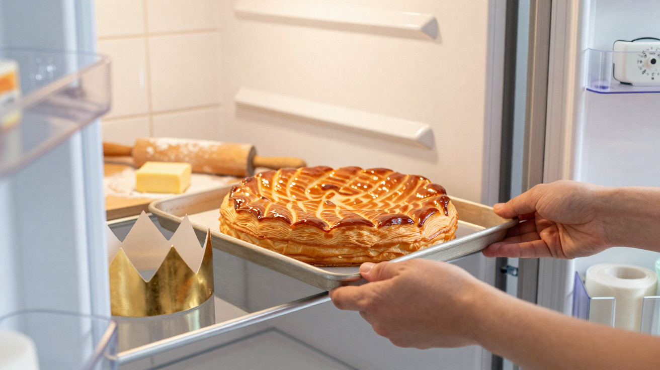 Mãos a colocar tarte dourada numa forma dentro do frigorífico, com uma coroa dourada ao lado.