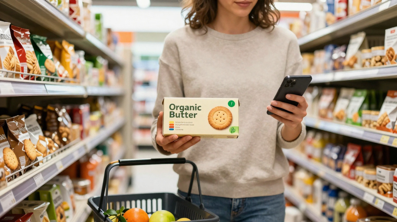 Mulher a segurar pacote de biscoitos Organic Butter enquanto consulta telemóvel no supermercado.