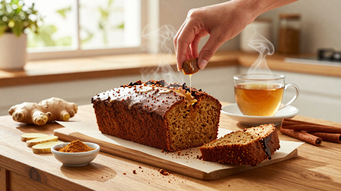 Bolo de especiarias em bancada de cozinha com chá quente e mão a derramar mel por cima.