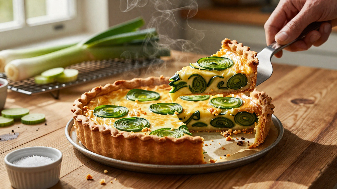 Tarte quente com queijo e fatias decorativas de curgete, sendo retirada uma fatia com espátula.