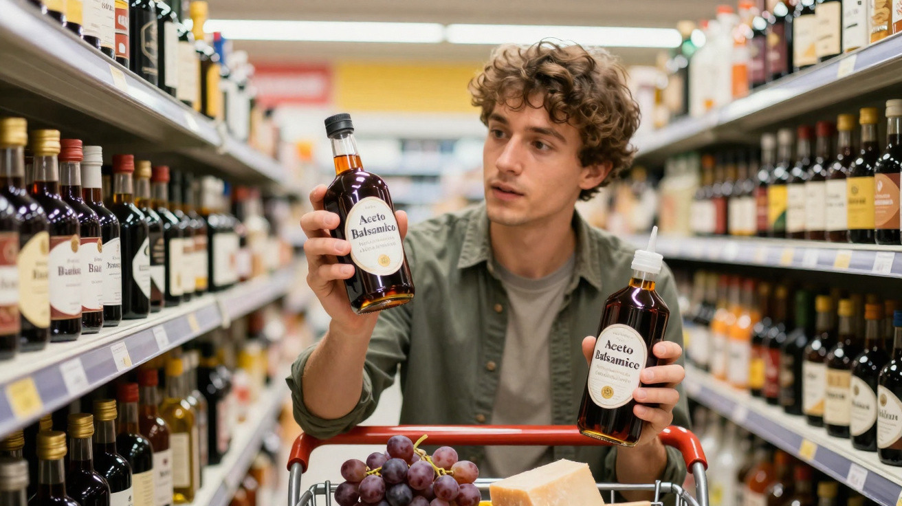 Homem no supermercado a comparar duas garrafas de vinagre balsâmico num corredor cheio de bebidas.