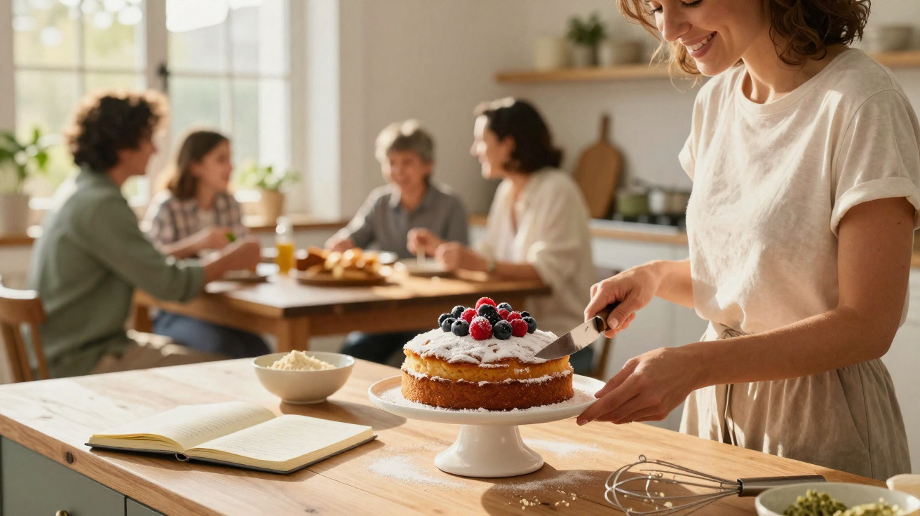 Mulher a cortar bolo com frutos vermelhos na cozinha, família ao fundo sentada à mesa a conversar.