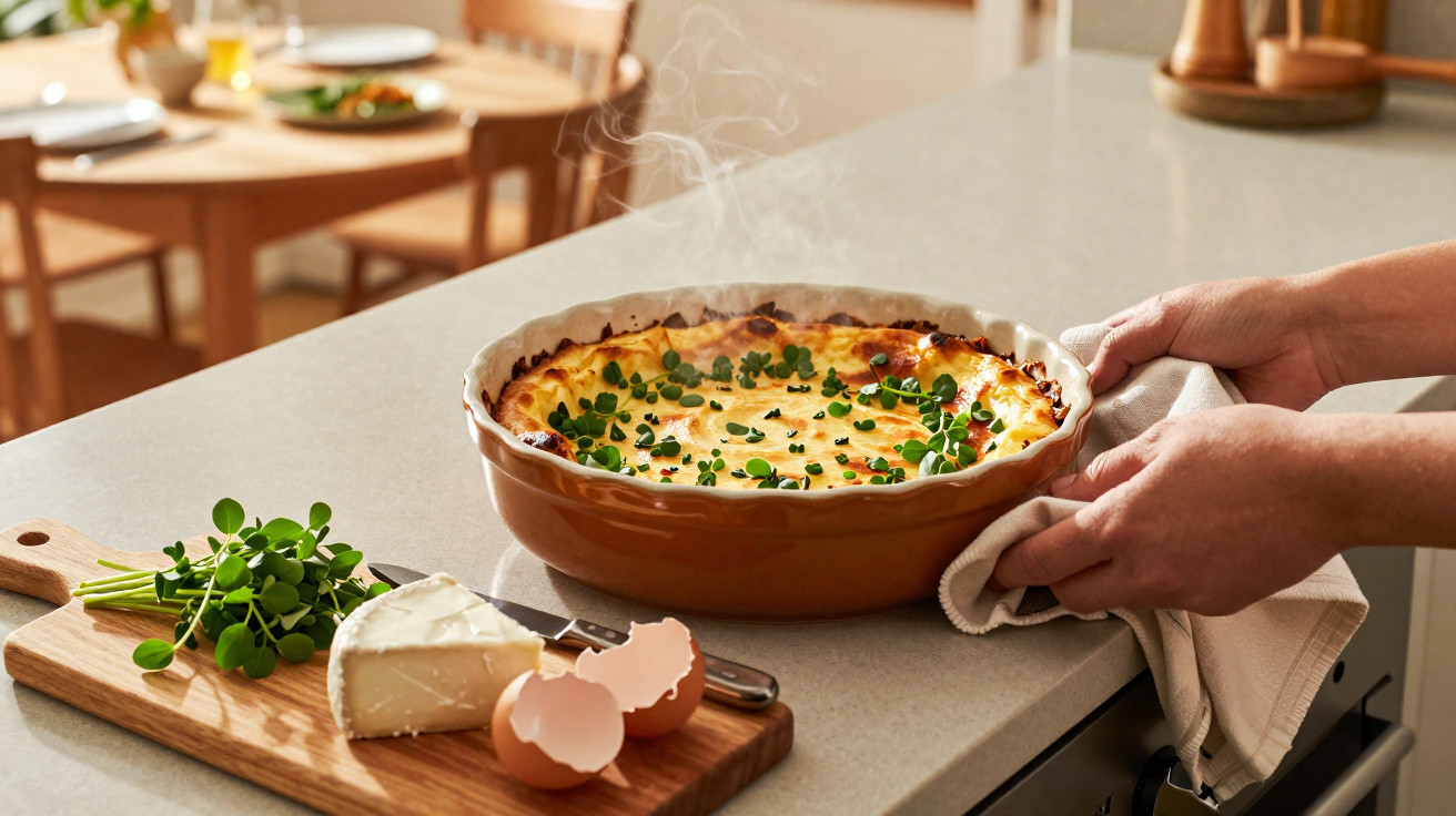 Mãos a retirar um prato fumegante de forno com uma quiche, ao lado de ervas, queijo e cascas de ovo numa tábua.