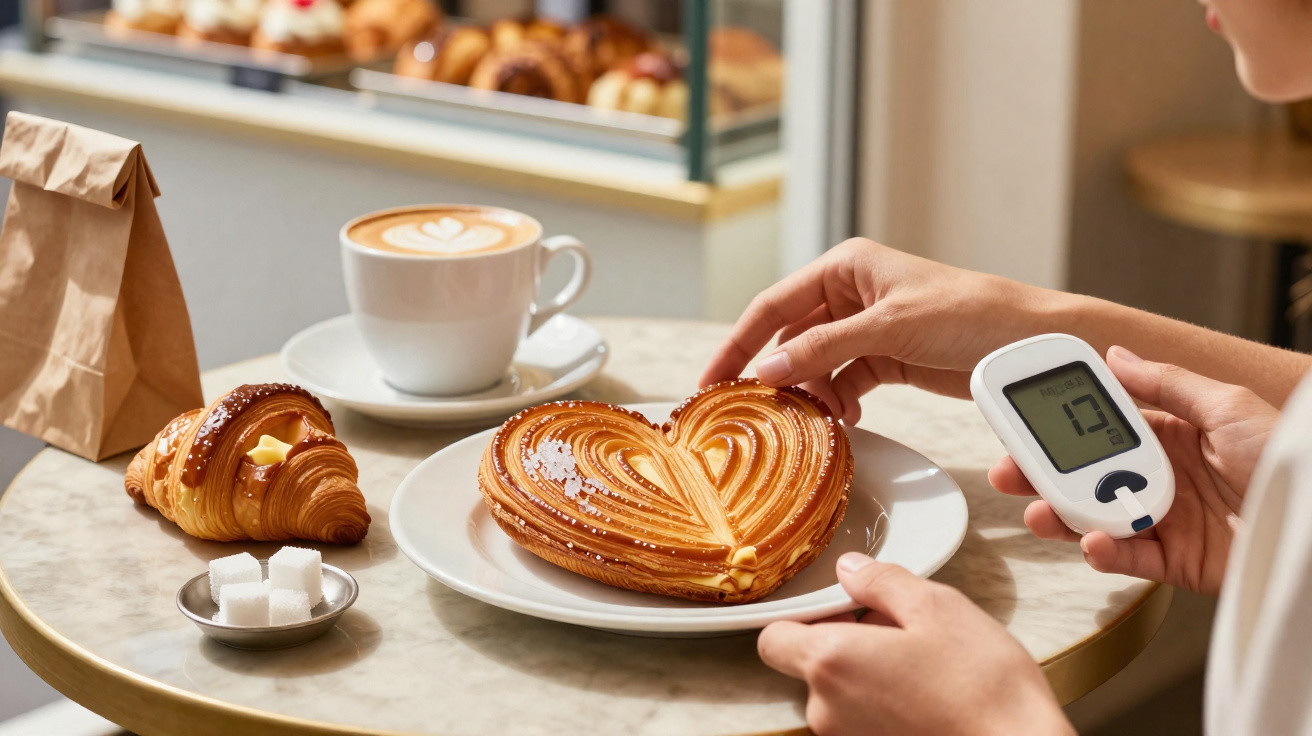 Pessoa a medir glicose enquanto segura pastelaria em forma de coração e café numa mesa de café.