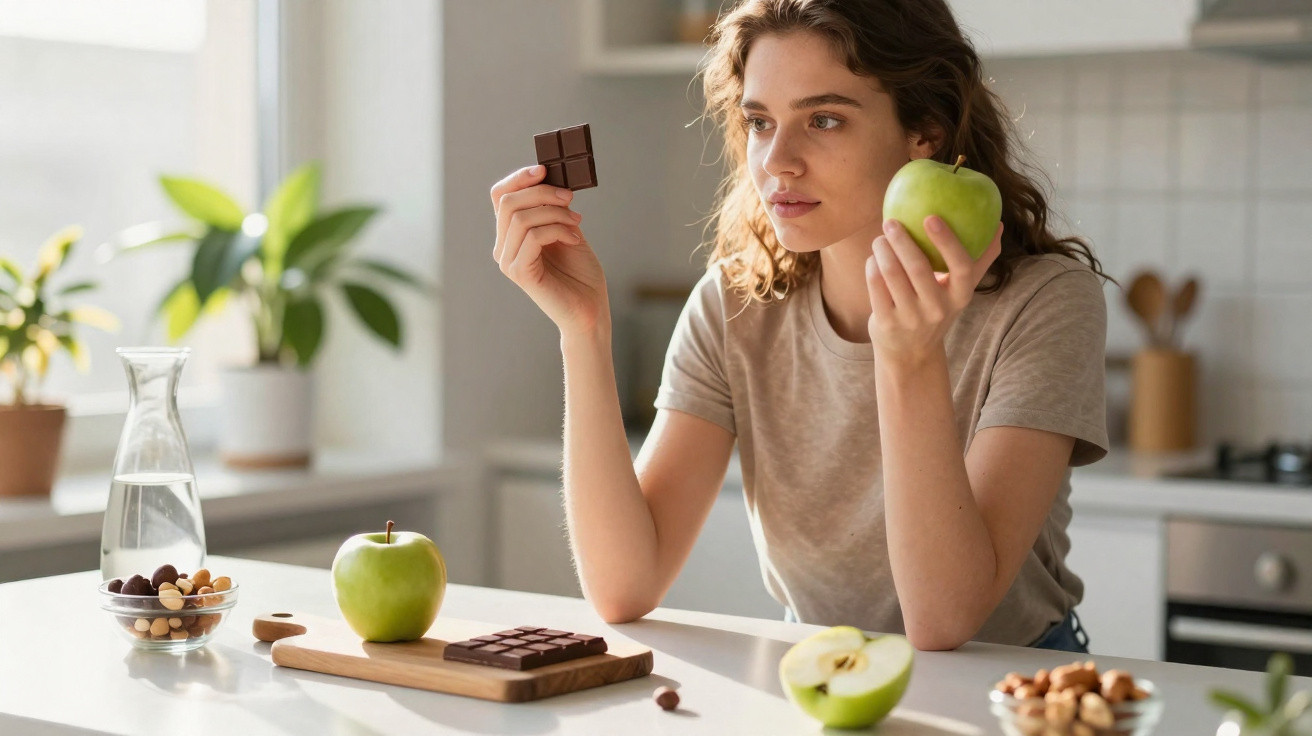 Mulher a escolher entre chocolate e maçã verde numa cozinha iluminada e moderna.
