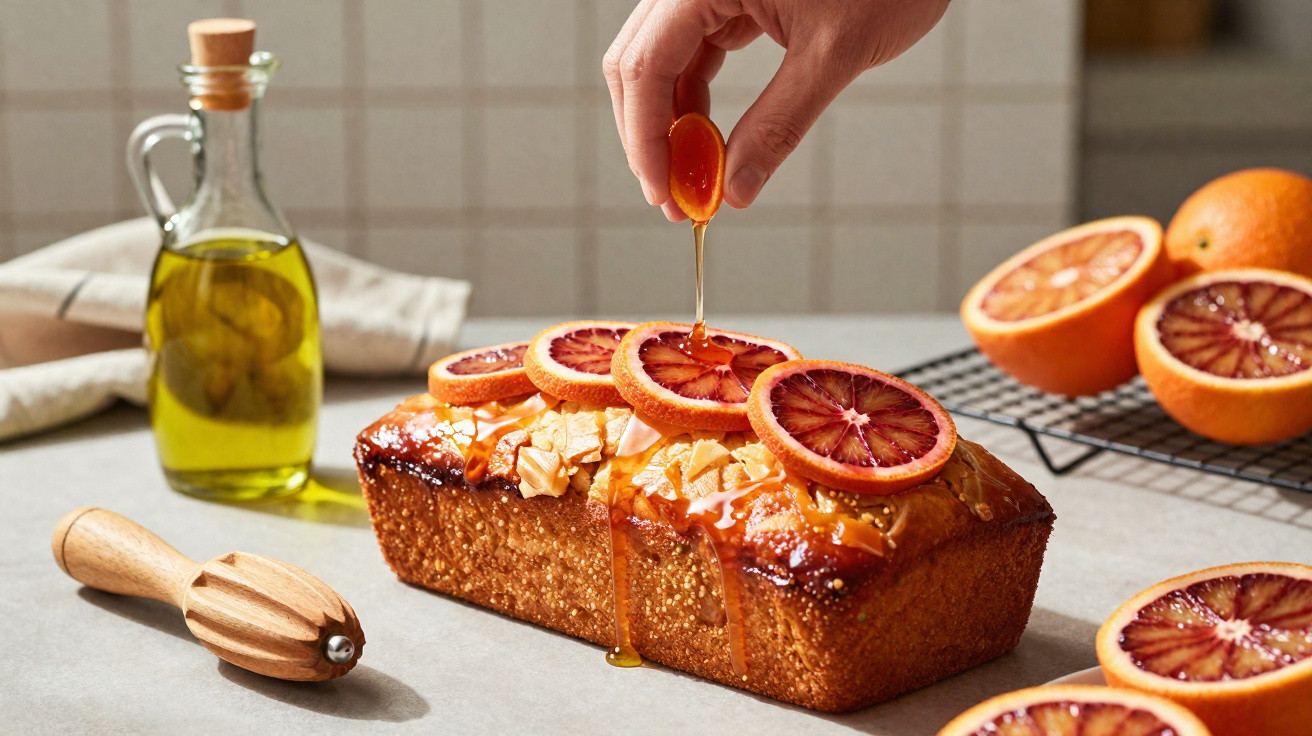 Bolo decorado com fatias de laranja sanguínea e mel a ser derramado por cima numa cozinha.