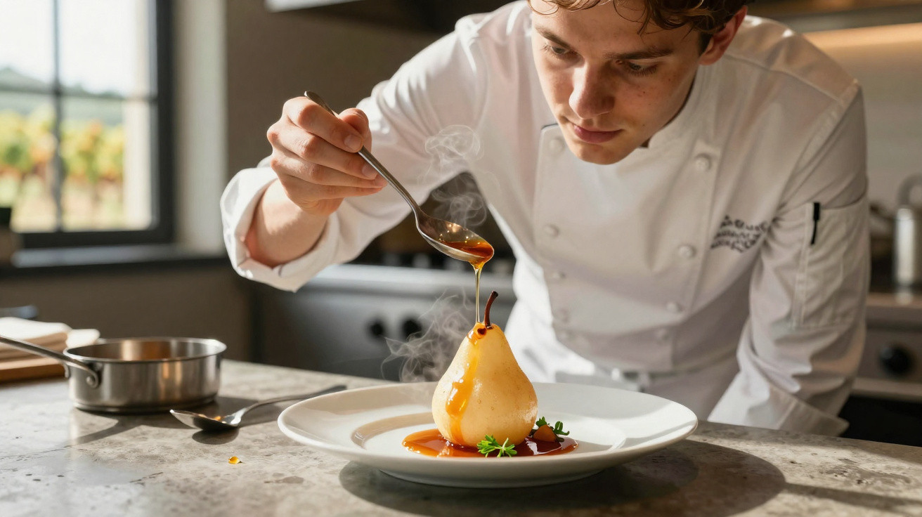 Chef a decorar sobremesa de pera com molho caramelizado numa cozinha profissional.