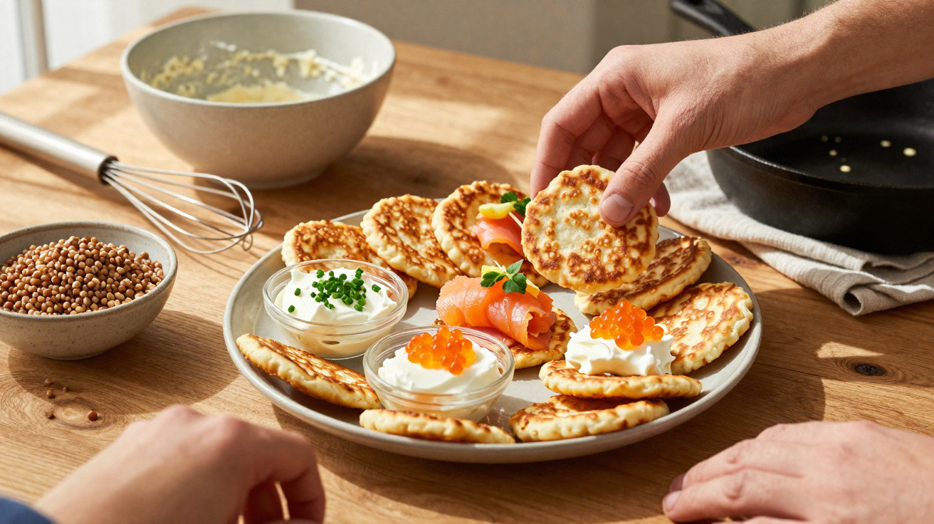 Prato com blinis servidos com salmão fumado, natas e ovas, com mãos a pegar um blini na mesa em madeira.