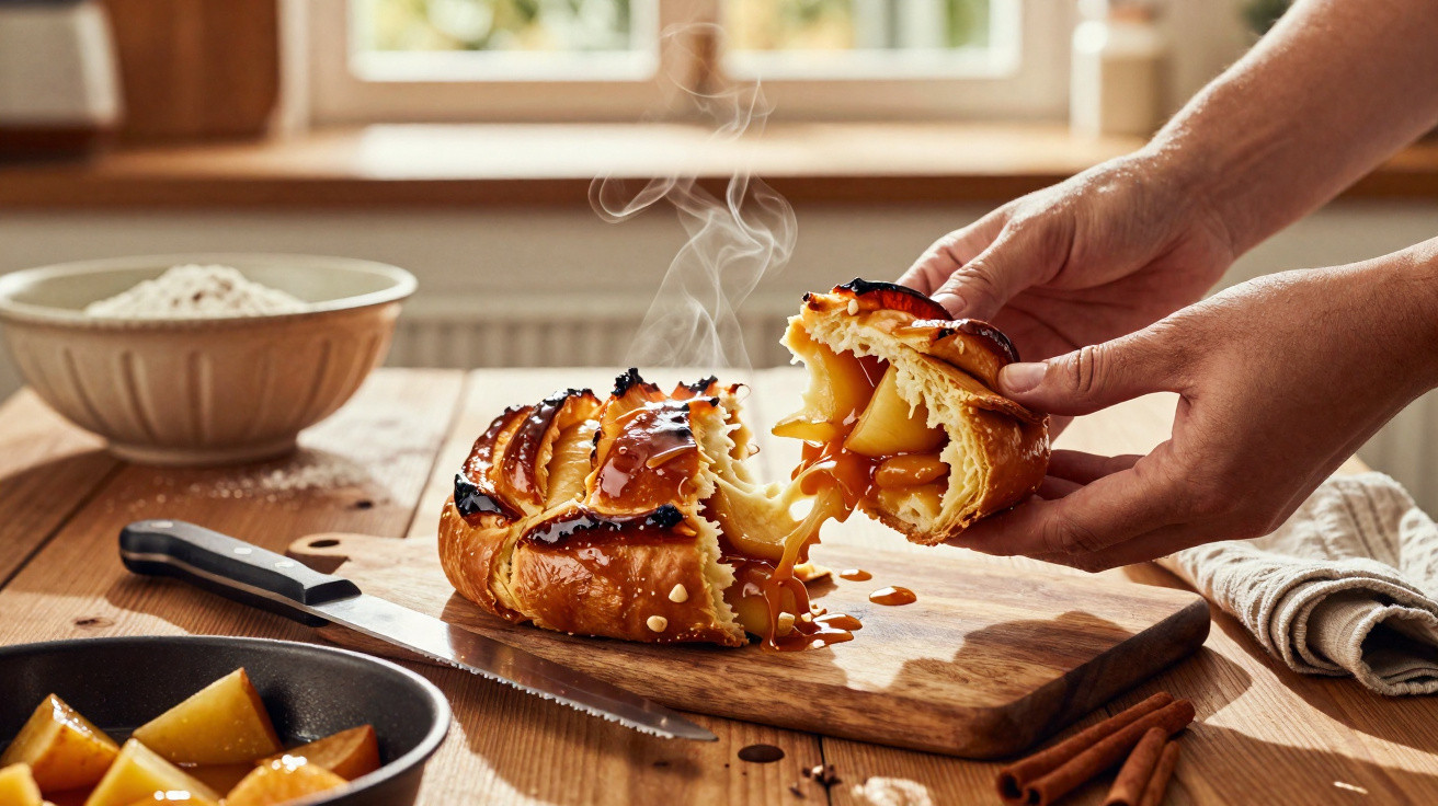 Mãos a partir uma tarte quente de maçã com caramelo derretido, sobre tábua de madeira numa cozinha luminosa.