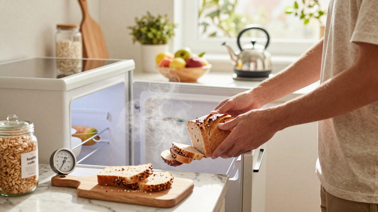 Pessoa a tirar pão fumegante do forno numa cozinha com frutos e chaleira ao fundo.