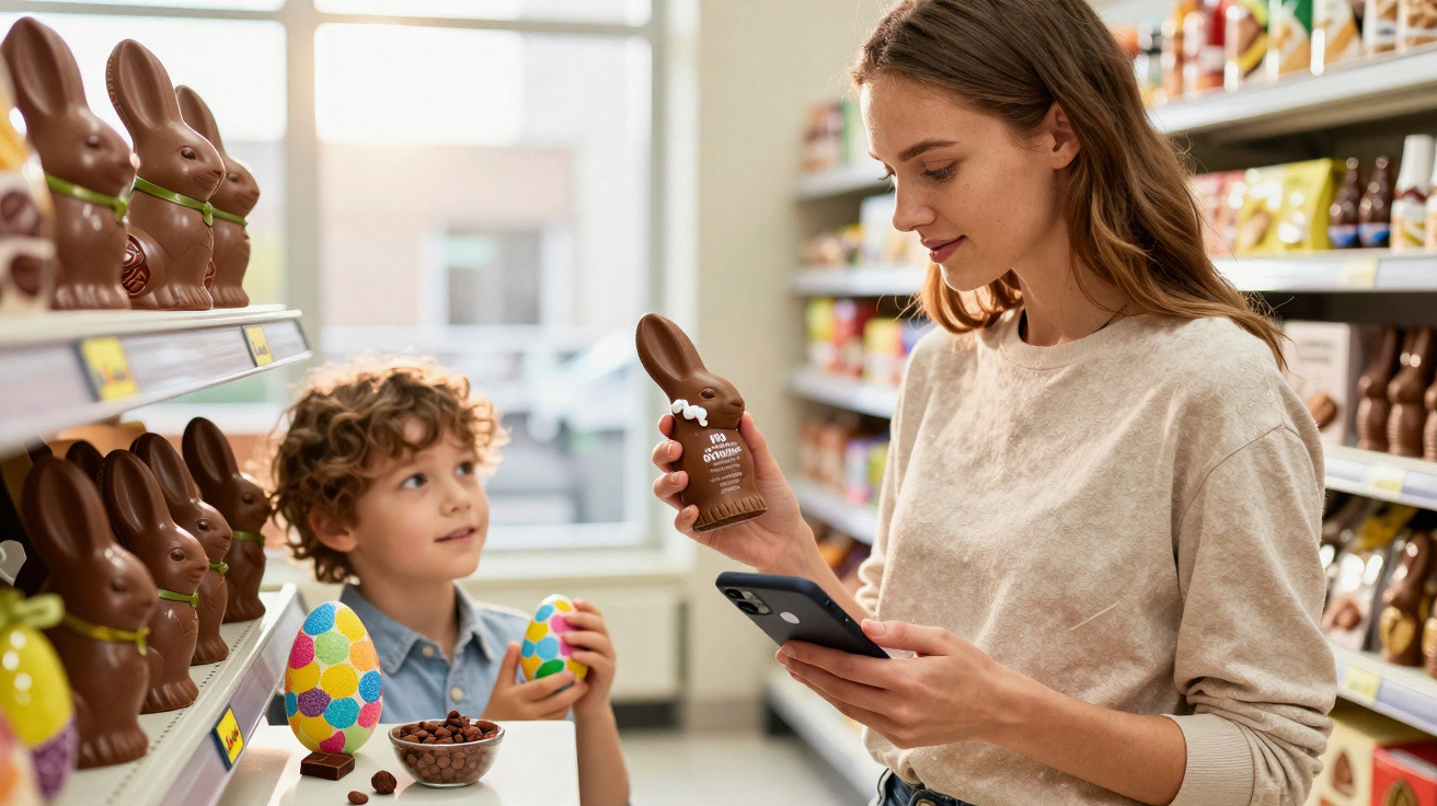Mulher e criança escolhem chocolates de Páscoa em supermercado, entre coelhos e ovos decorados.