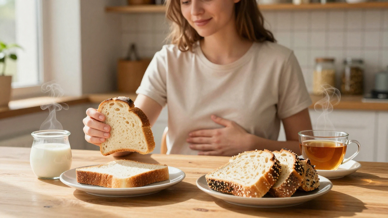 Mulher com mão no estômago a segurar fatia de pão à frente de mesa com chá e leite quente.
