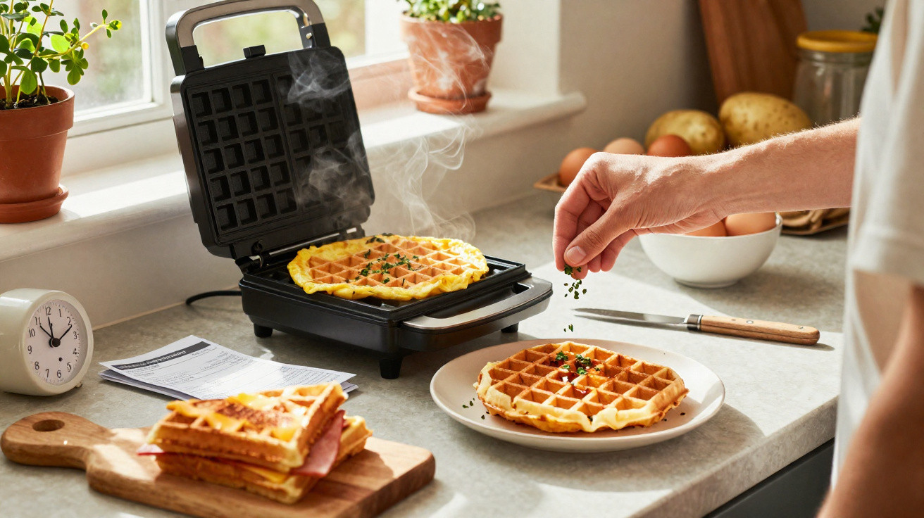 Pessoa a temperar waffles frescos com ervas numa cozinha luminosa com ingredientes à vista.