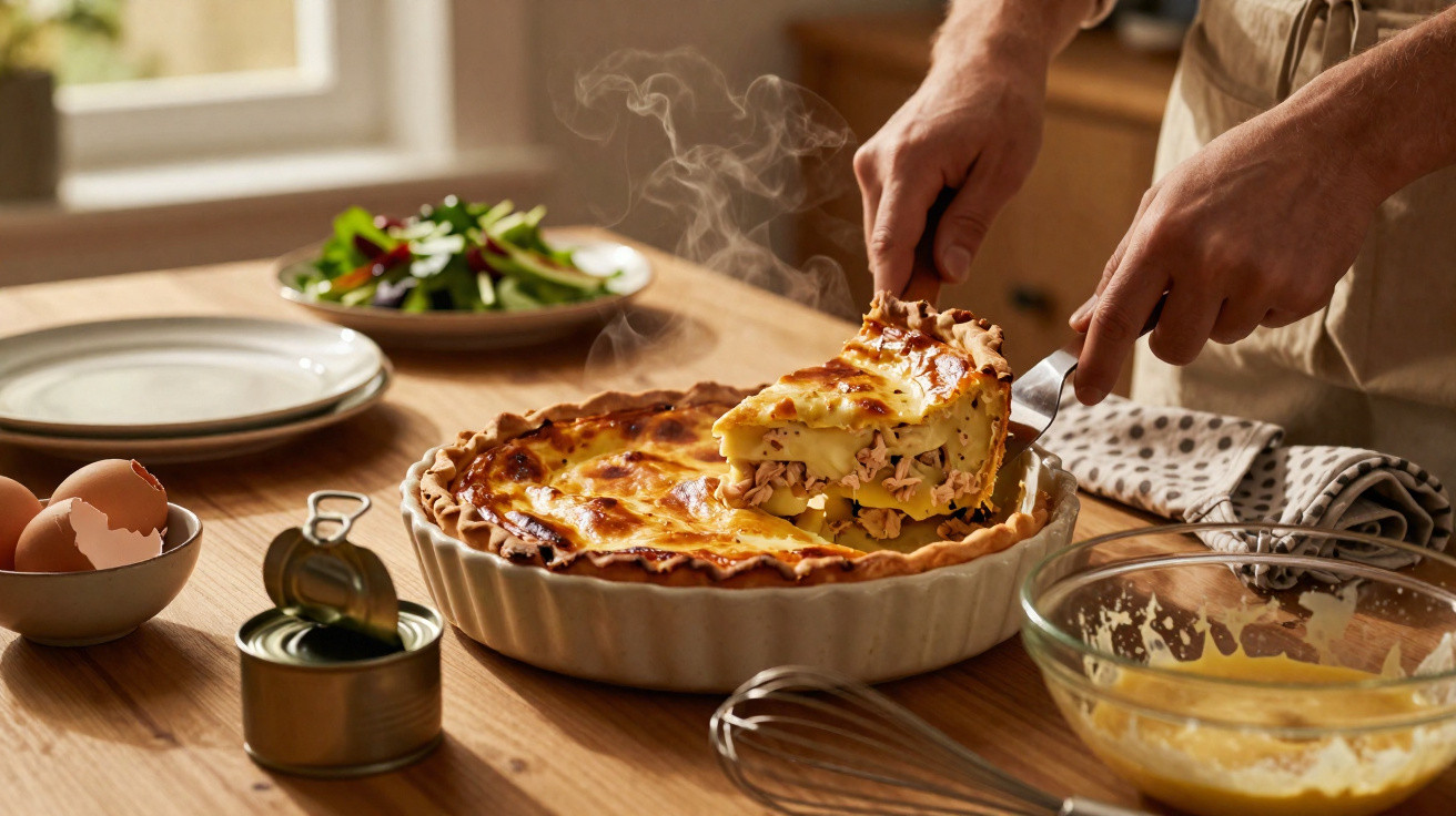 Pessoa a servir uma fatia fumegante de quiche num prato numa cozinha com ingredientes ao redor.