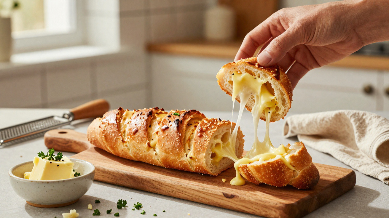 Pão crocante recheado com queijo derretido a ser partido com a mão numa tábua de madeira.