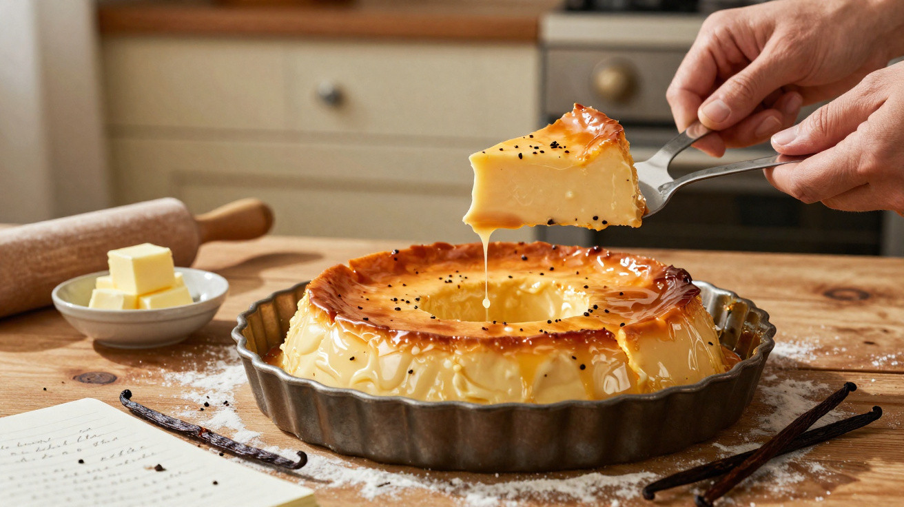 Mão a servir fatia cremosa de pudim flan numa forma metálica, com caramelo a escorrer, sobre mesa de madeira.