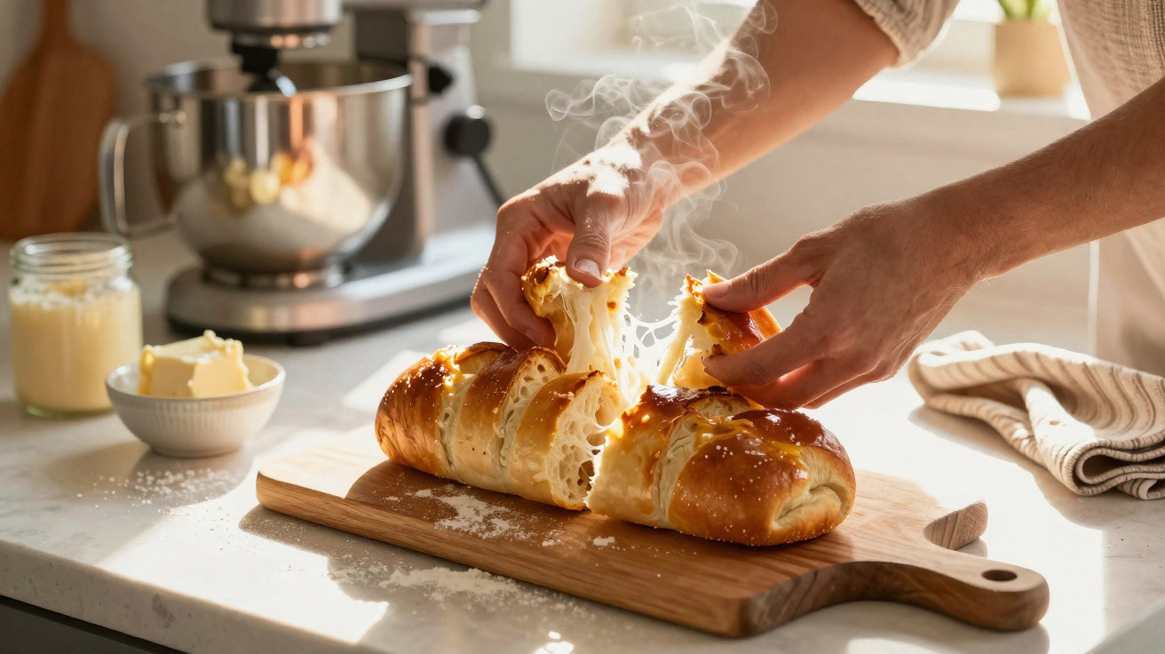 Pessoa a partir ao meio pão recheado com queijo derretido, sobre tábua de madeira na cozinha.