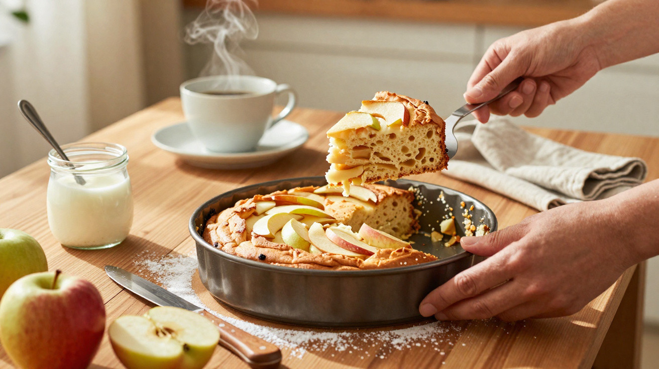 Dois braços a servir um pedaço de tarte de maçã num tabuleiro junto a uma chávena de café fumegante.