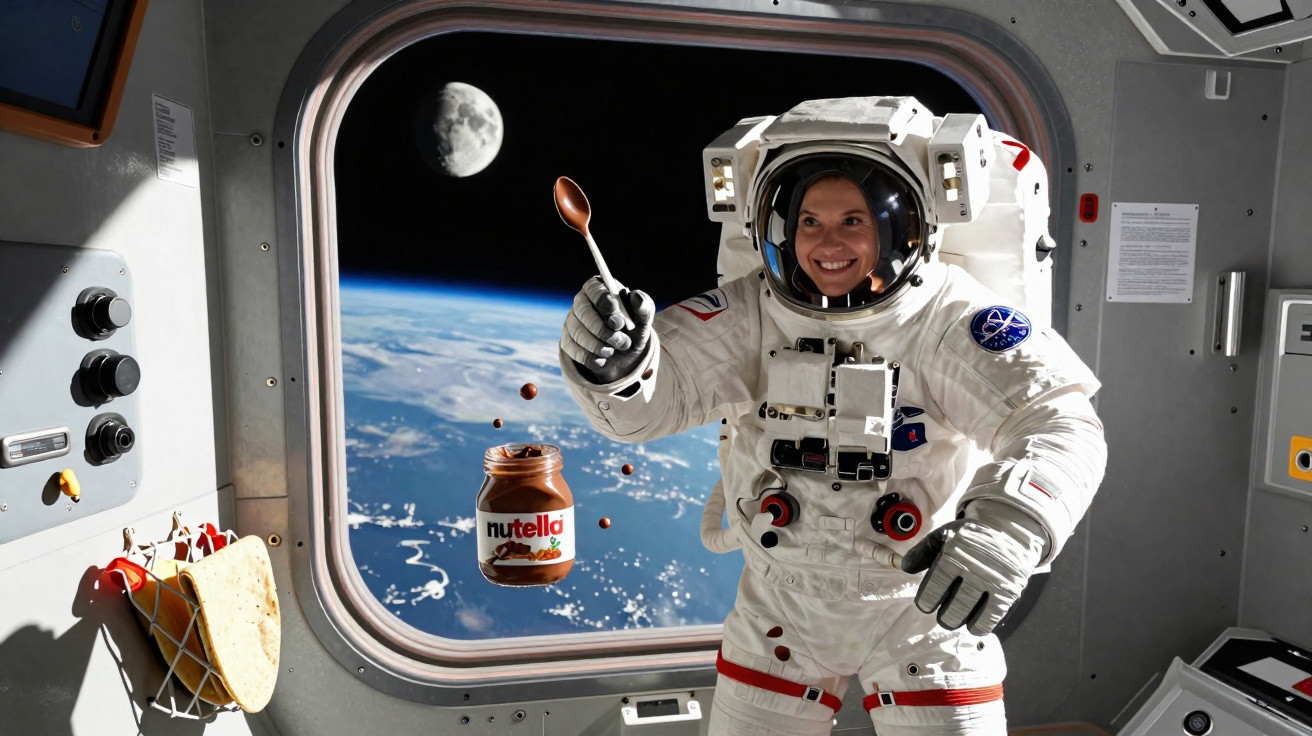 Astronauta feliz a flutuar com colher e frasco de Nutella, com vista da Terra e da Lua pela janela da espaçonave.