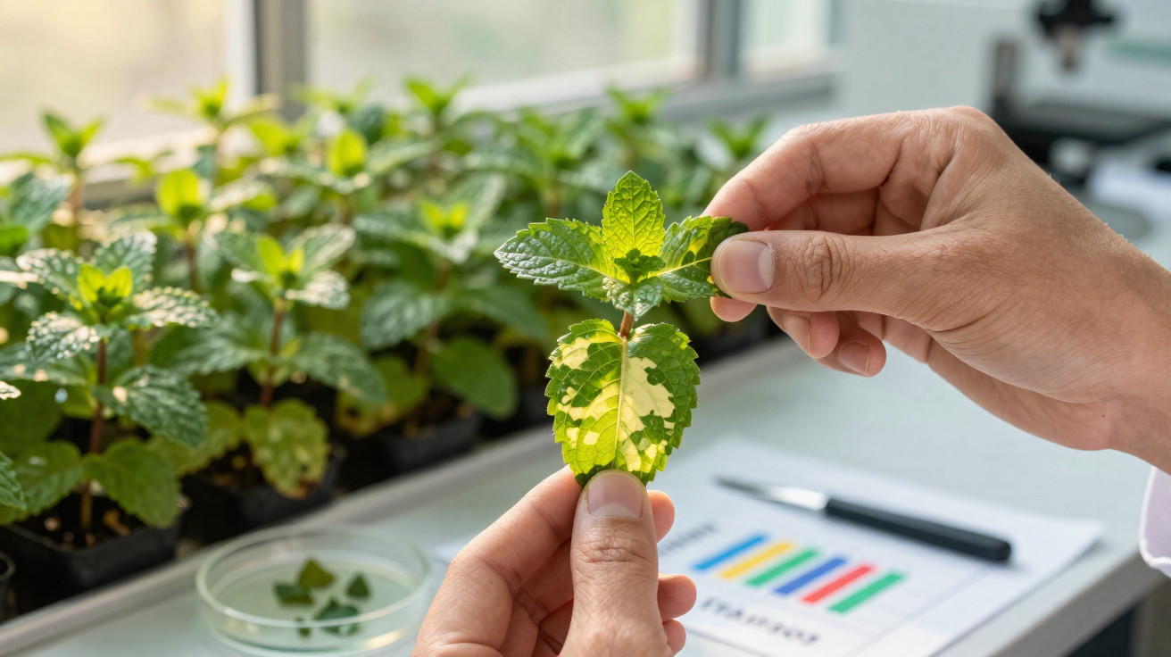 Pessoa a examinar folha de planta numa estufa com gráfico e lâmina na mesa ao fundo.