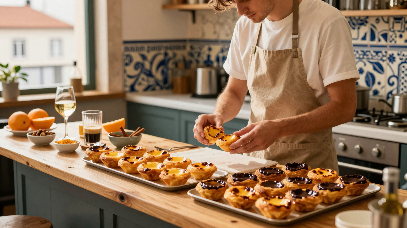 Homem com avental prepara pastéis de nata numa cozinha com bancada de madeira e azulejos decorativos.
