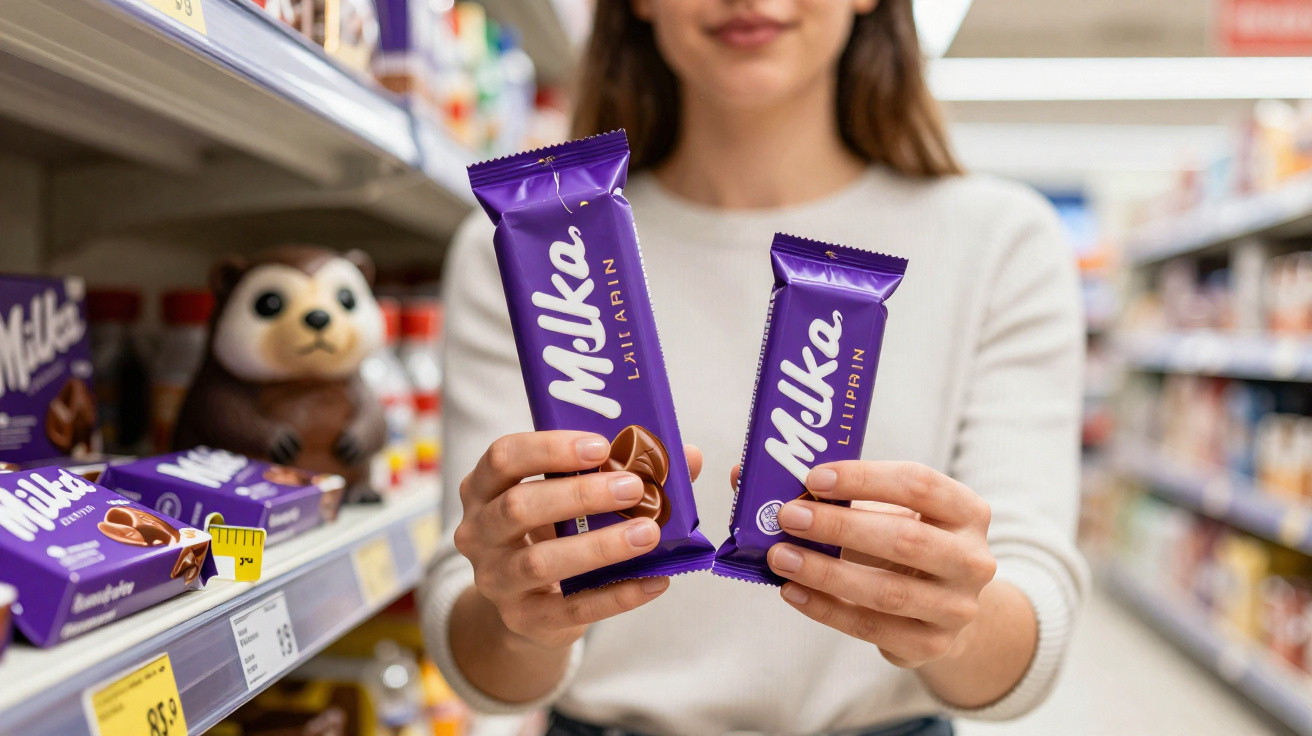 Pessoa segurando duas barras de chocolate Milka, em embalagem roxa, num corredor de supermercado.