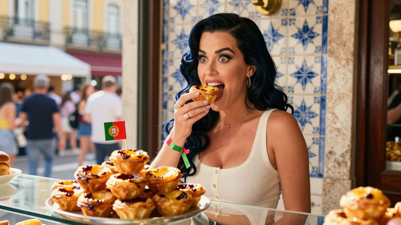 Mulher a comer pastel de nata num café tradicional em ambiente com azulejos portugueses e bandeira de Portugal.