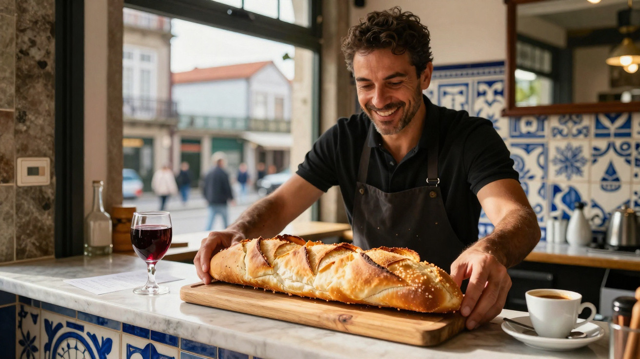 Homem sorridente a servir baguete grande numa tábua de madeira num café tradicional com azulejos portugueses.