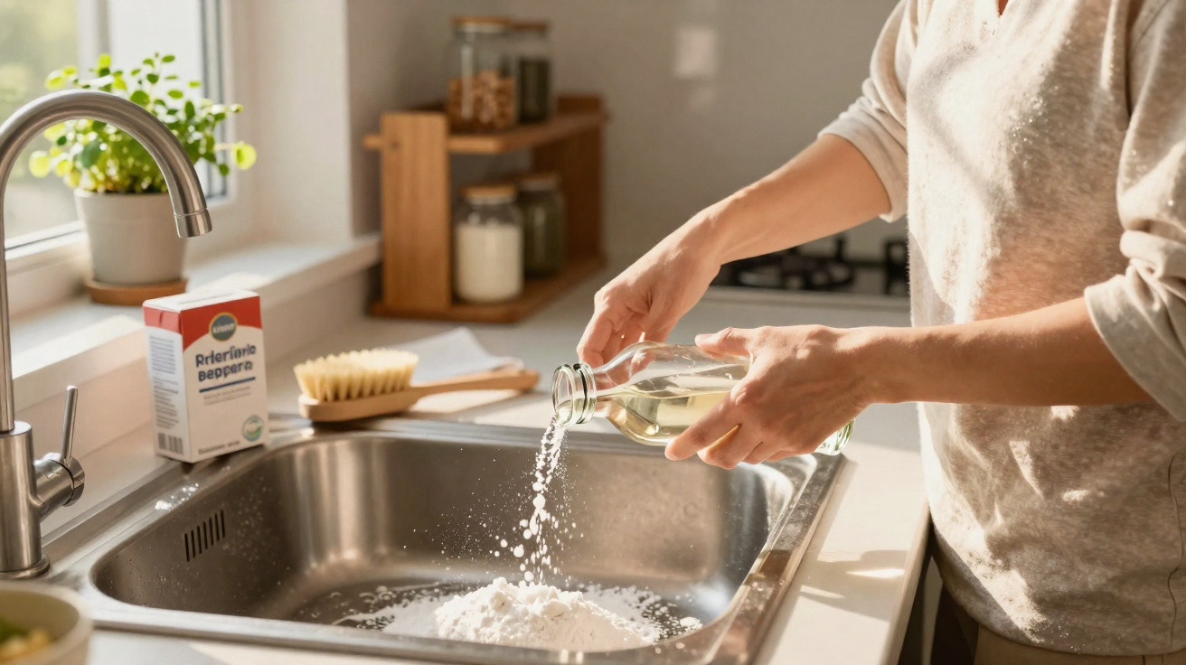 Pessoa a verter líquido sobre bicarbonato de sódio num lava-loiça numa cozinha luminosa.