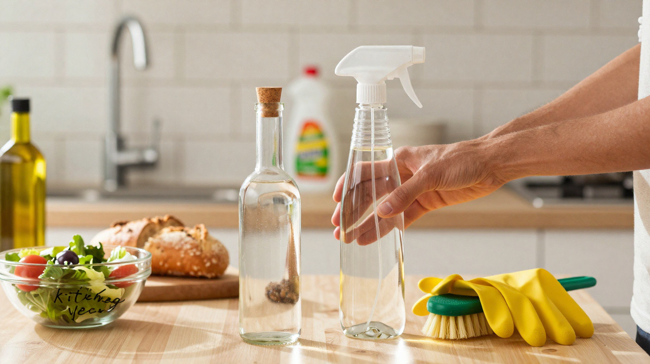 Mãos seguram borrifador transparente numa cozinha com luvas amarelas, escova, salada e pão sobre a mesa de madeira.