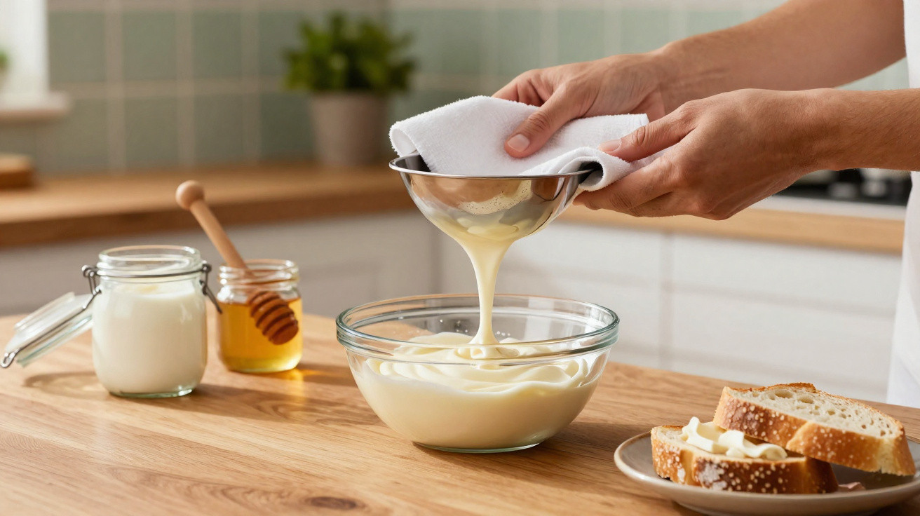 Pessoa a coar leite condensado caseiro para uma tigela de vidro na cozinha moderna.