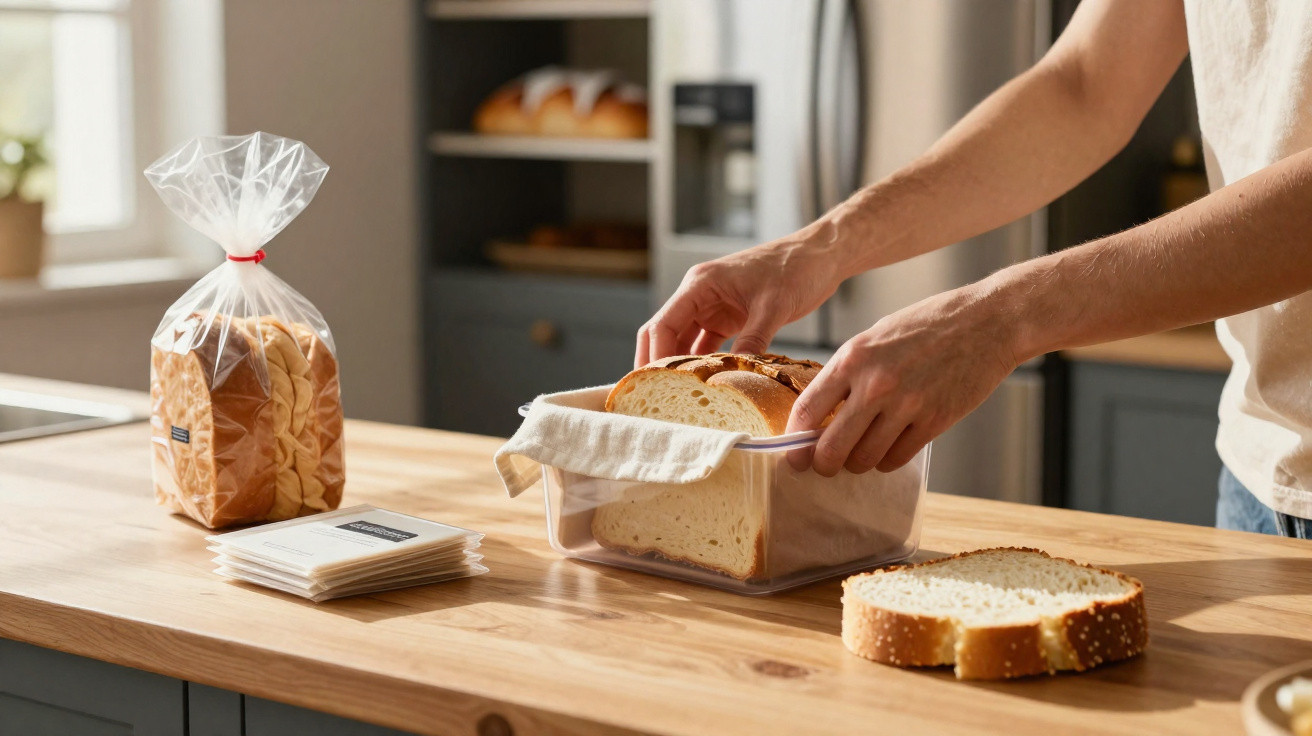 Pessoa a colocar fatias de pão num recipiente transparente numa cozinha moderna com saco de pão fechado ao lado.