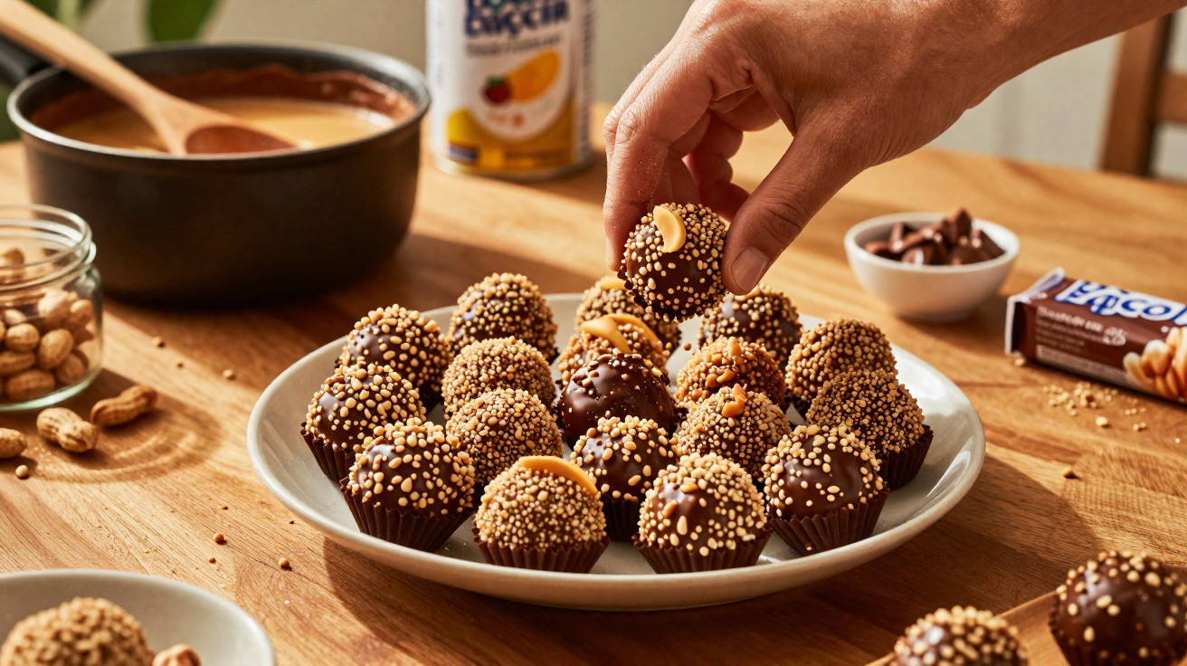 Mão a pegar brigadeiro coberto com granulados e amendoins num prato cheio sobre mesa de madeira.
