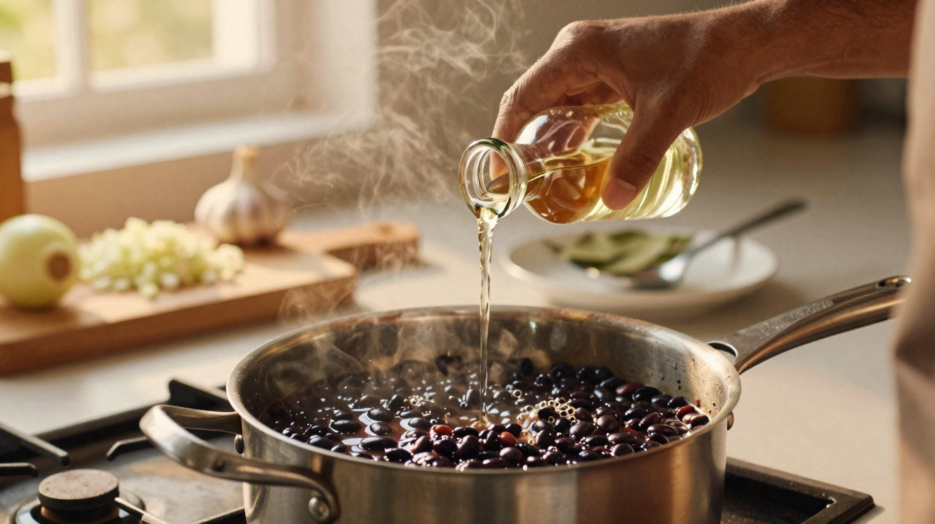 Mão a verter azeite numa panela com feijão a cozinhar no fogão com vapor a subir.