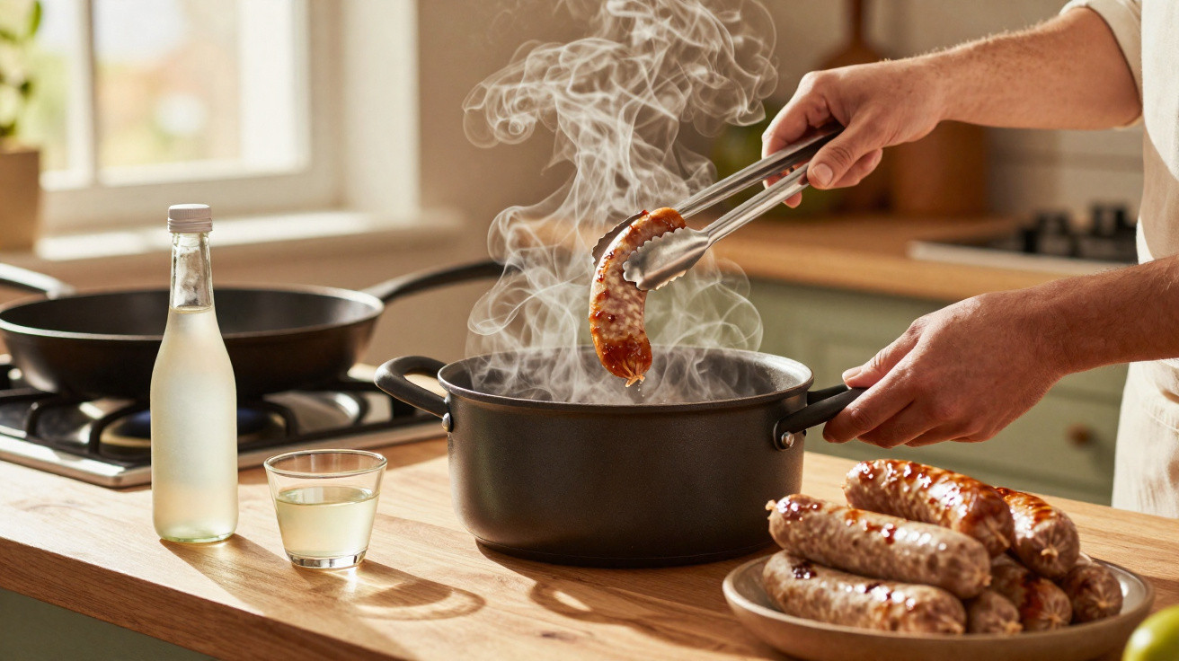 Pessoa a cozinhar salsichas numa panela com vapor, ao lado de garrafa e copo de bebida numa cozinha moderna.