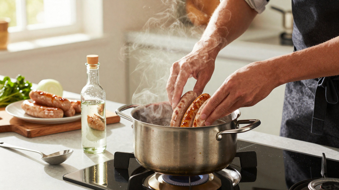 Pessoa a cozinhar salsichas numa panela com vapor, fogão a gás, cozinha bem iluminada.
