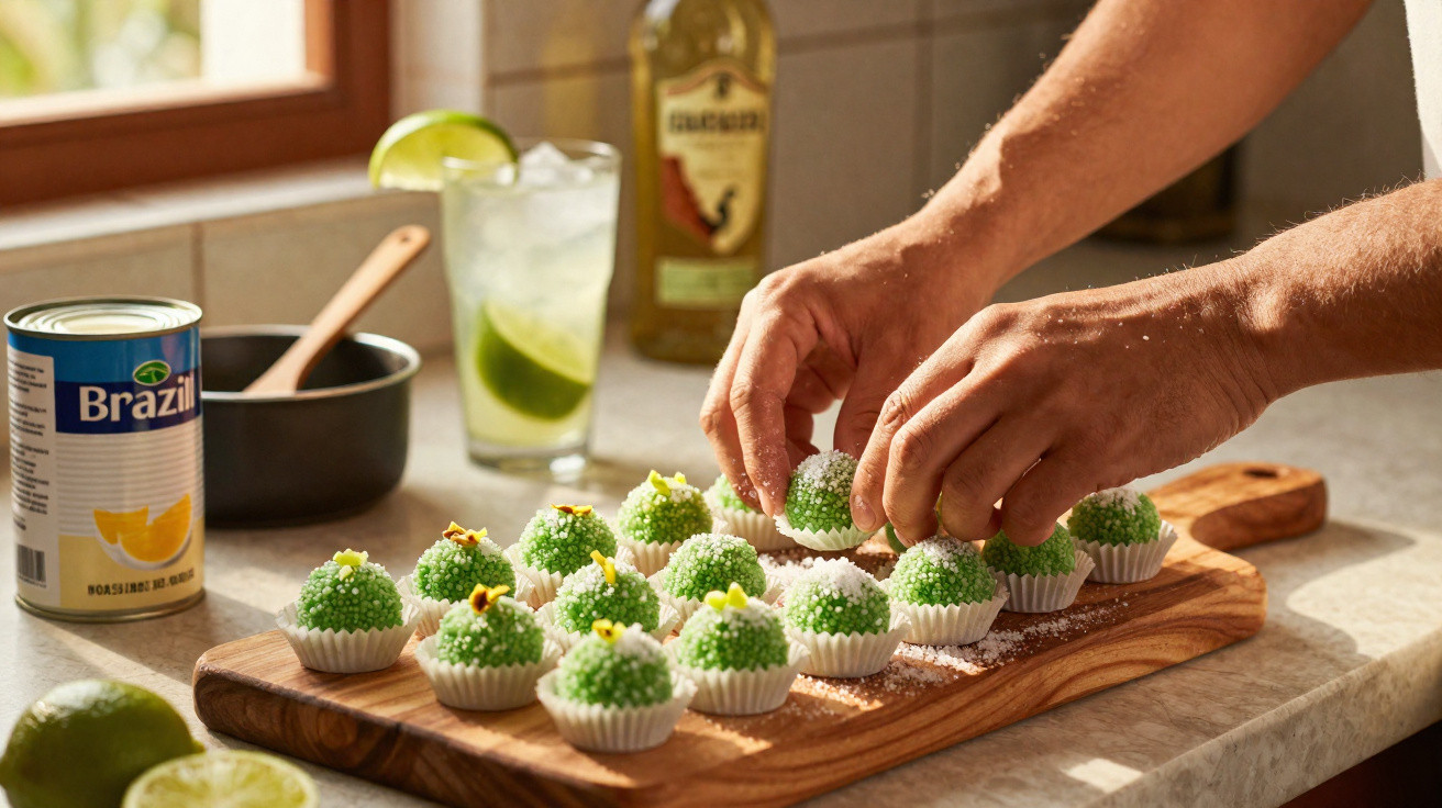 Mãos a decorar brigadeiros verdes com coco ralado em tabuleiro de madeira numa cozinha iluminada.