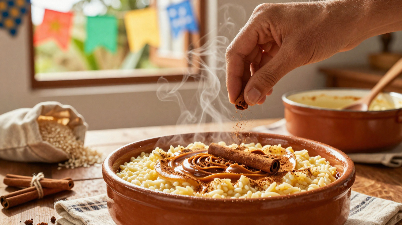 Mão polvilha canela sobre arroz doce fumegante num prato de barro, com varal colorido ao fundo.