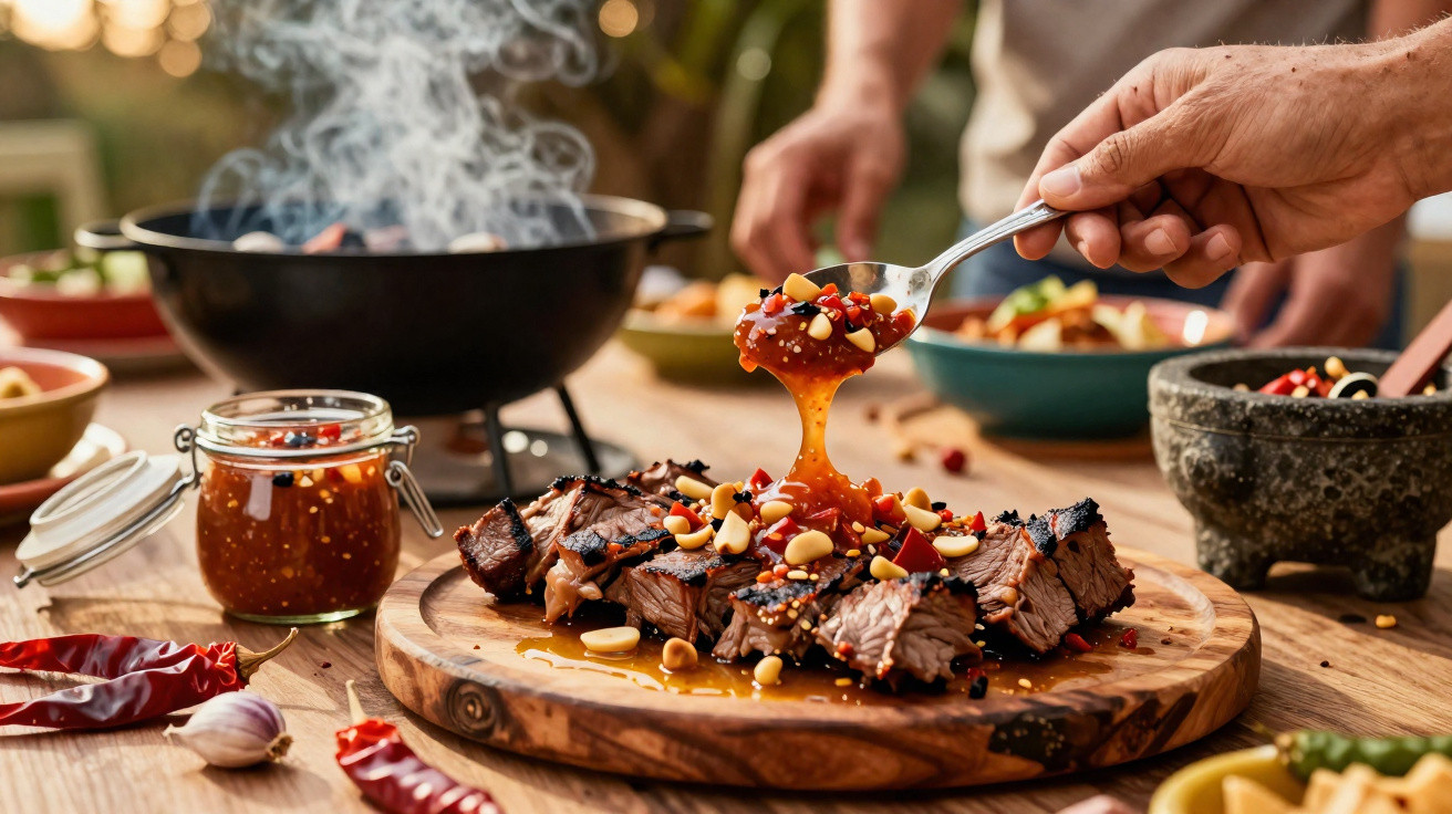 Pedaços de carne grelhada numa tábua de madeira com molho picante e amendoins a ser servidos à colher.