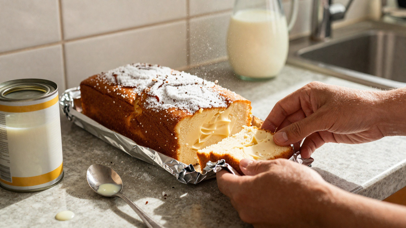Bolo recheado com doce cremoso, polvilhado com açúcar em pó, em bancada com leite e lata aberta.