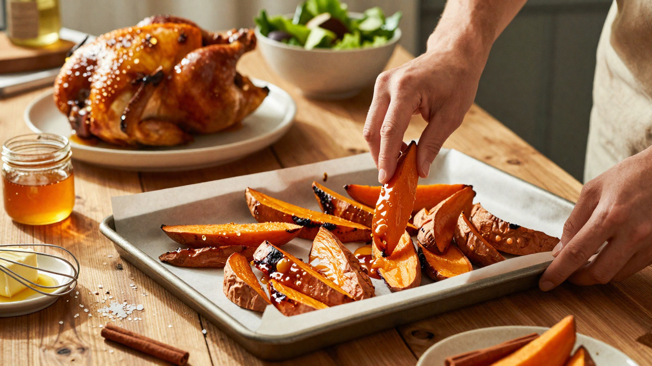 Mãos a pegar batata-doce assada, frango no prato e salada ao fundo numa mesa de madeira.