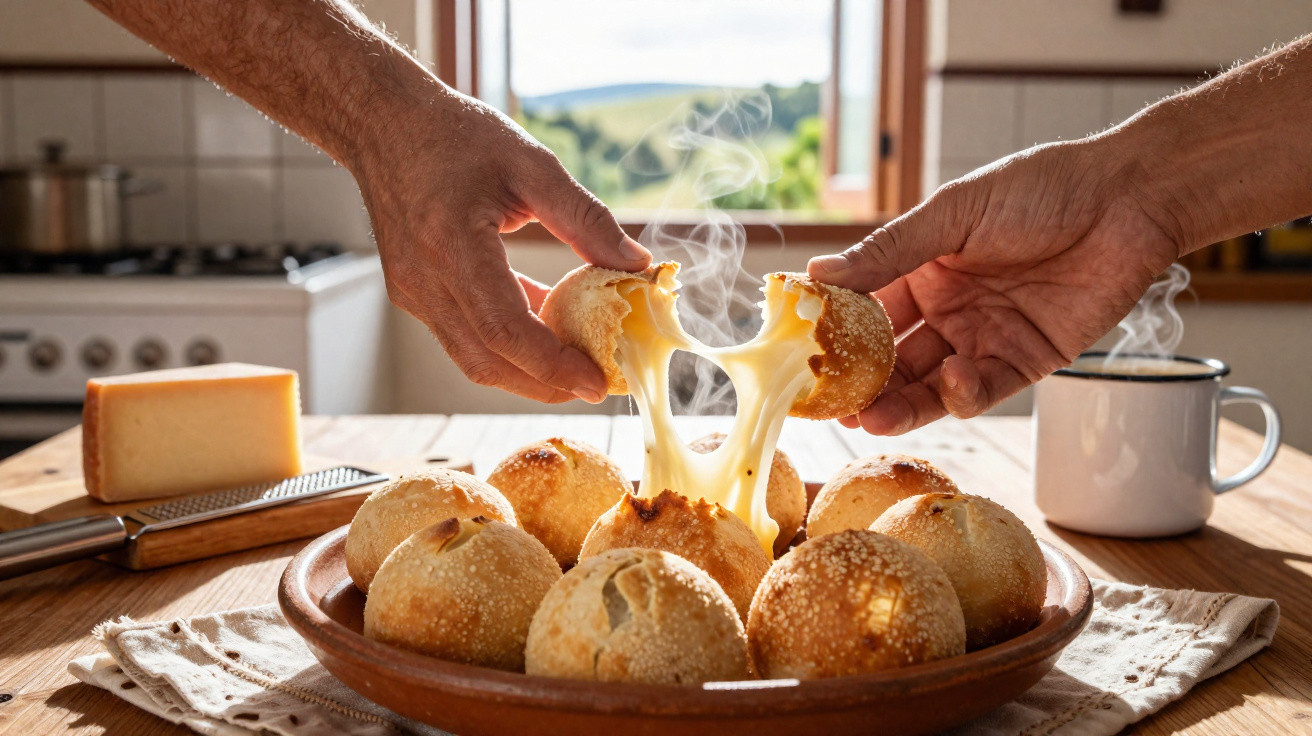 Pães quentes com queijo derretido a ser partido ao meio, numa mesa rústica com vista para a natureza.