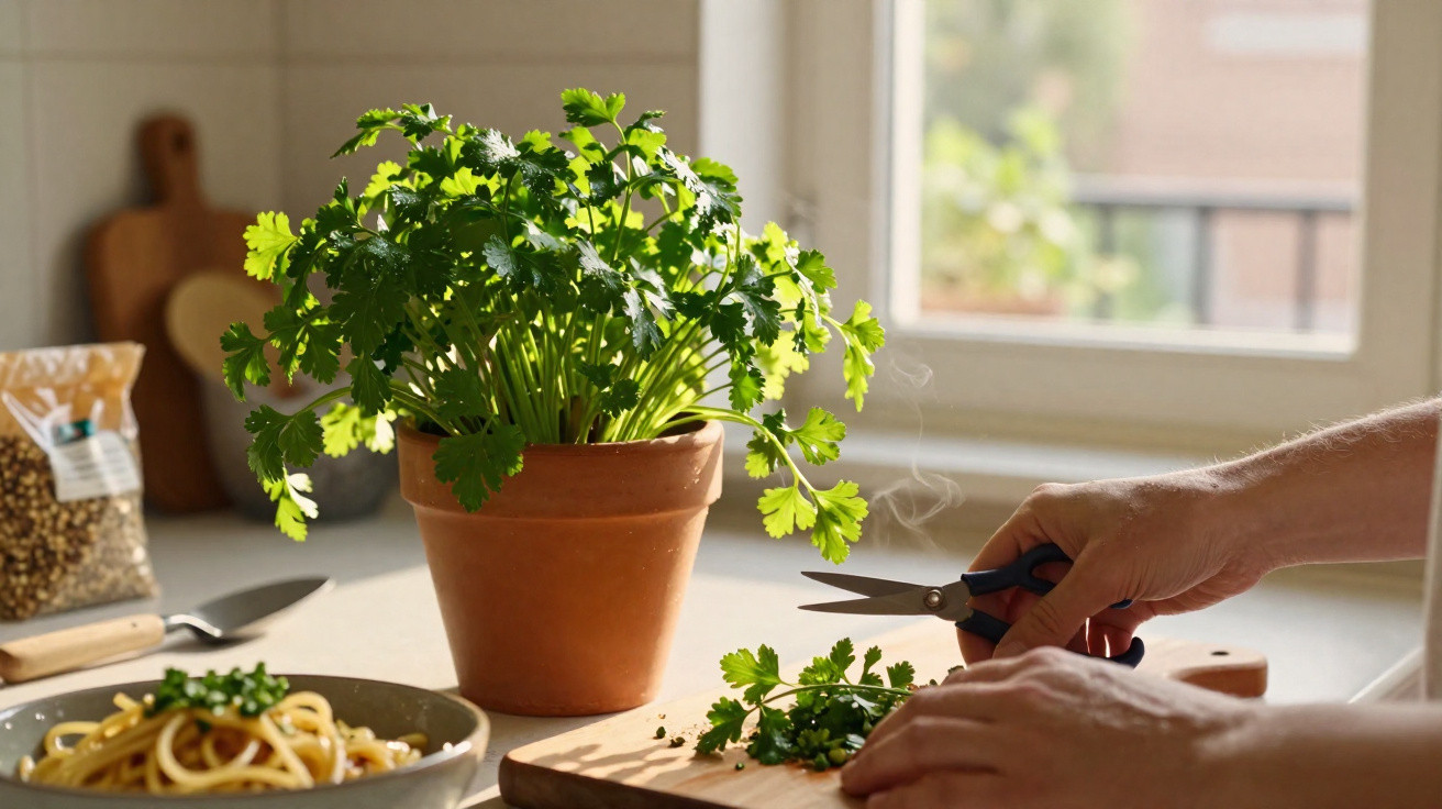 Pessoa a cortar coentros frescos com tesoura numa cozinha iluminada, perto de um vaso de barro com a planta.