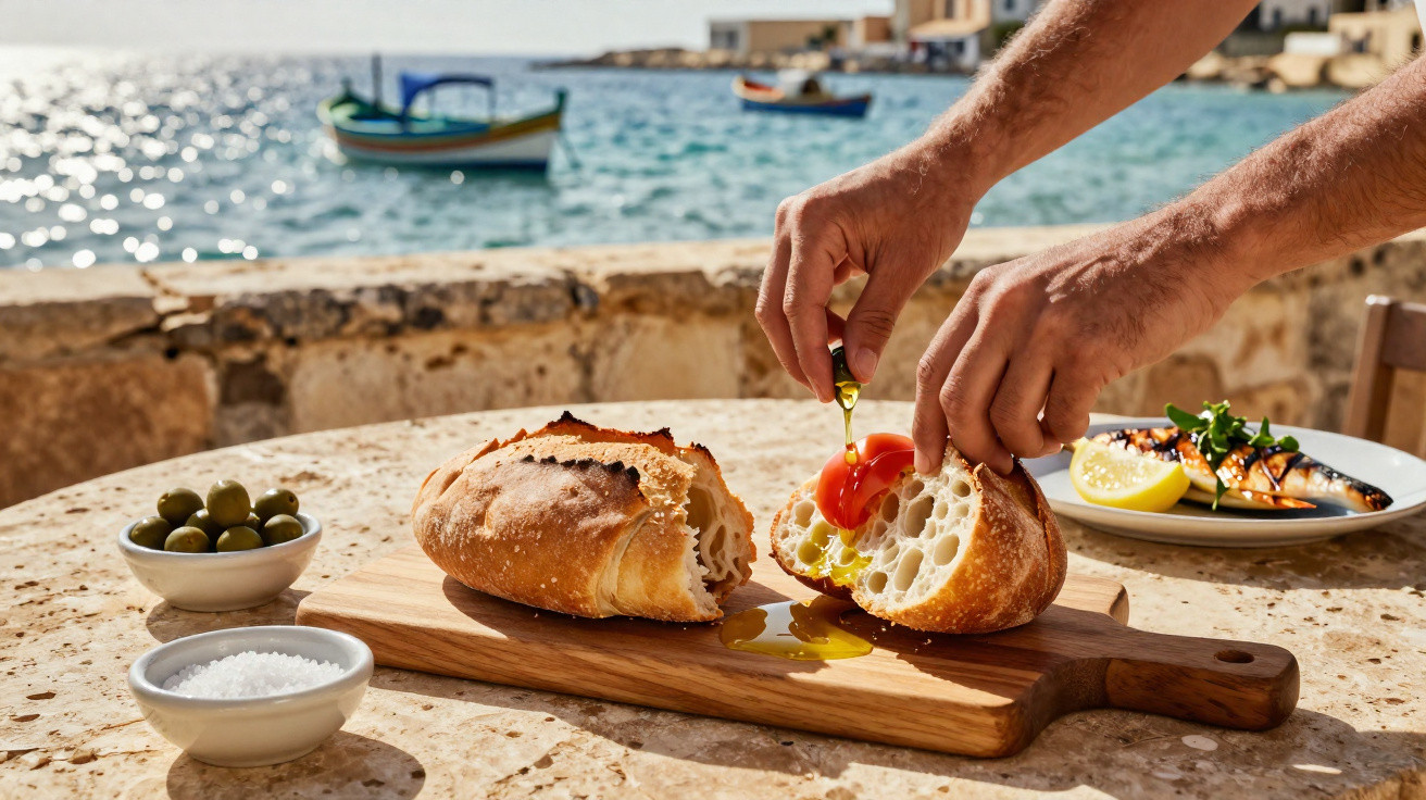 Mãos a regar pão com tomate e azeite num ambiente de mesa ao ar livre junto ao mar e barcos.