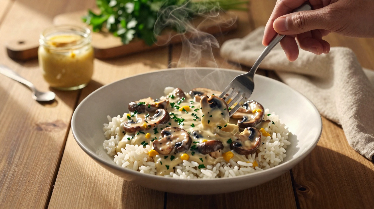 Prato com arroz branco, molho cremoso de cogumelos e ervas, com vapor a sair, e mão segurando um garfo.